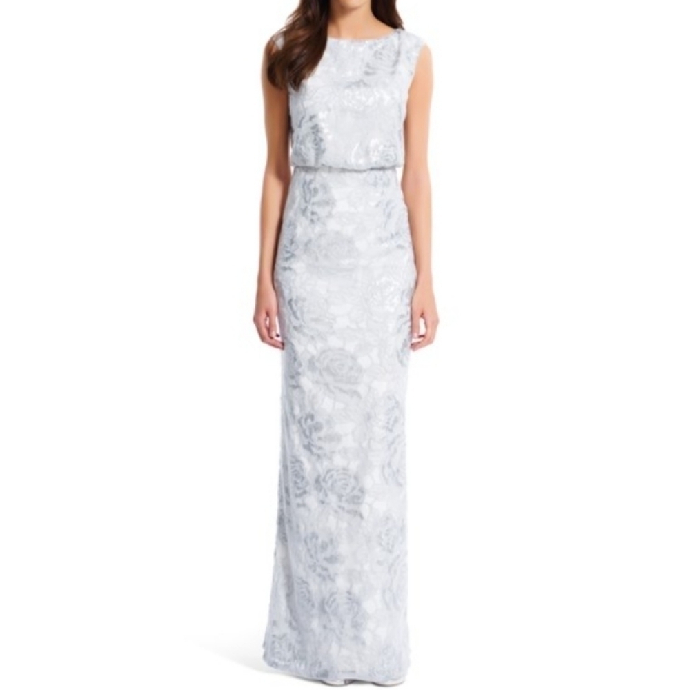Adrianna Papell Silver White Lace Sequin Blouson Column Gown Brigerton Size 4